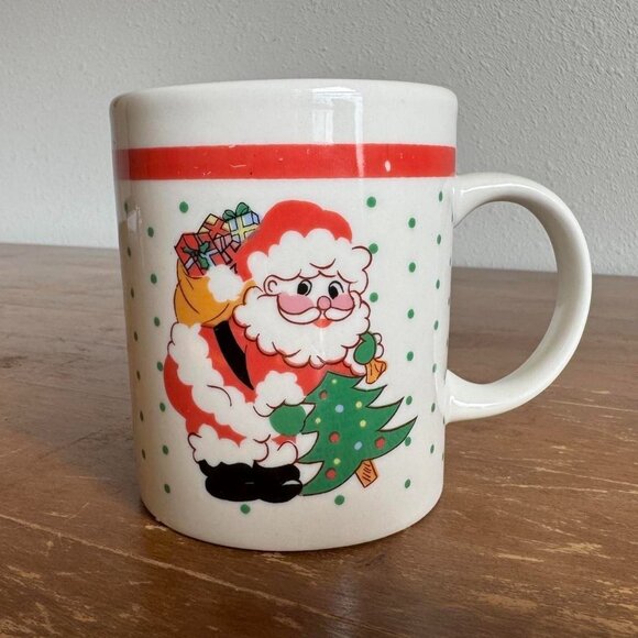 Vintage Santa Christmas Mug, Santa with Tree and Gifts Holiday Coffee Cup - Picture 1 of 7